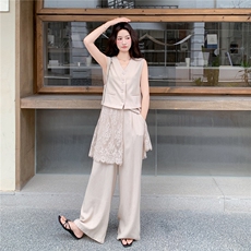 轻熟风气质套装女2026夏季拼蕾丝西装马甲显瘦阔腿裤两件套，女装套装/套裙，冬木谷雨