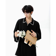 美式简约翻领亨利领百搭设计麦穗纹手缝线polo衫长袖卫衣WY02TP40，男装Polo衫，电商B318