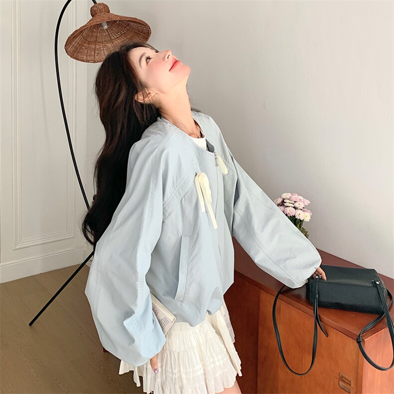 新品韩系蝴蝶结圆领夹克外套-2d075（p135-k195),女装短外套,2D075