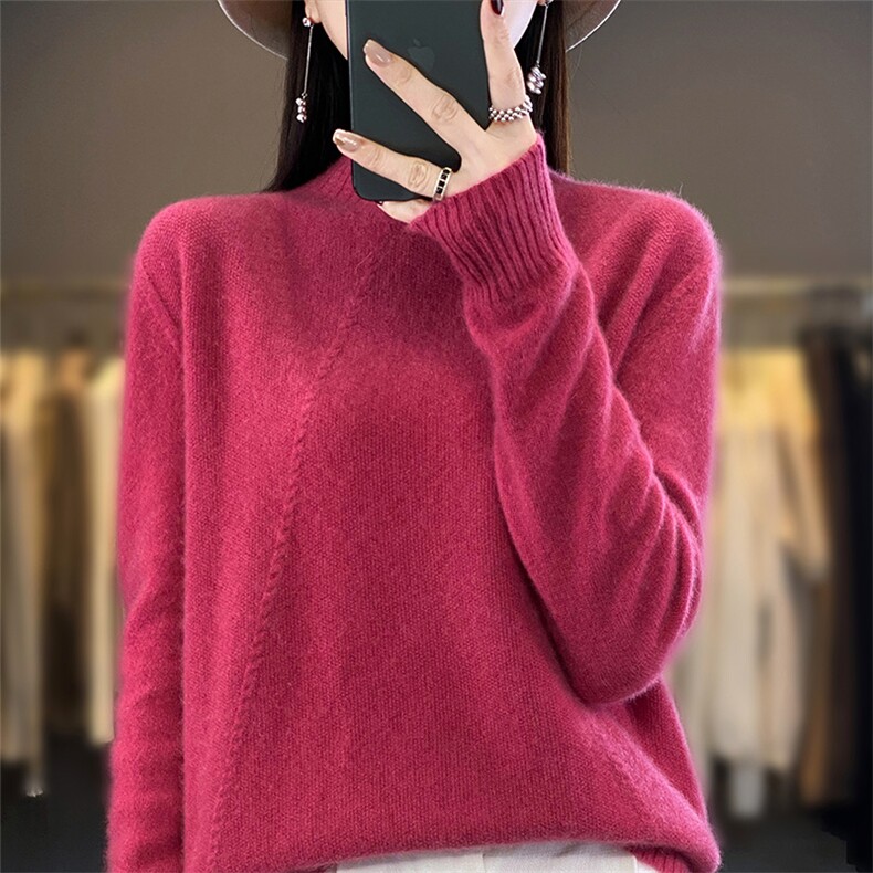半高领毛衣女秋冬新款时尚纯色简约百搭羊毛针织衫,女装羊毛衫,暖圣羊羊绒
