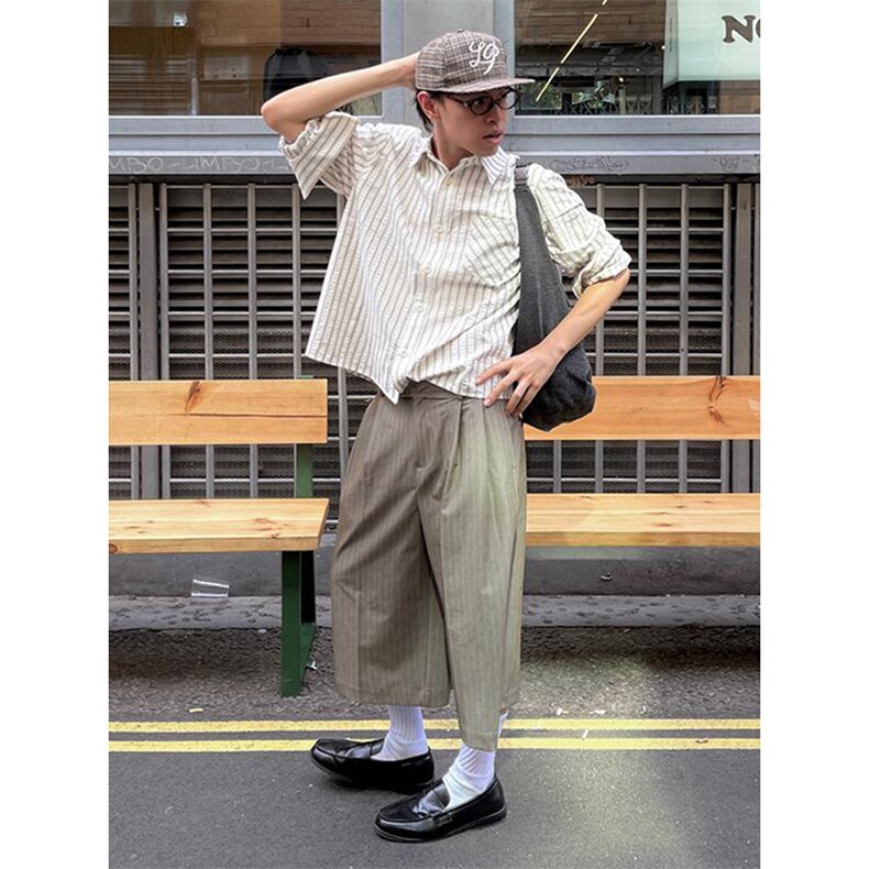 美式潮牌高街复古泡泡纱竖条纹日系肌理长袖衬衫男女休闲宽松衬衣,男装衬衫,电商A443