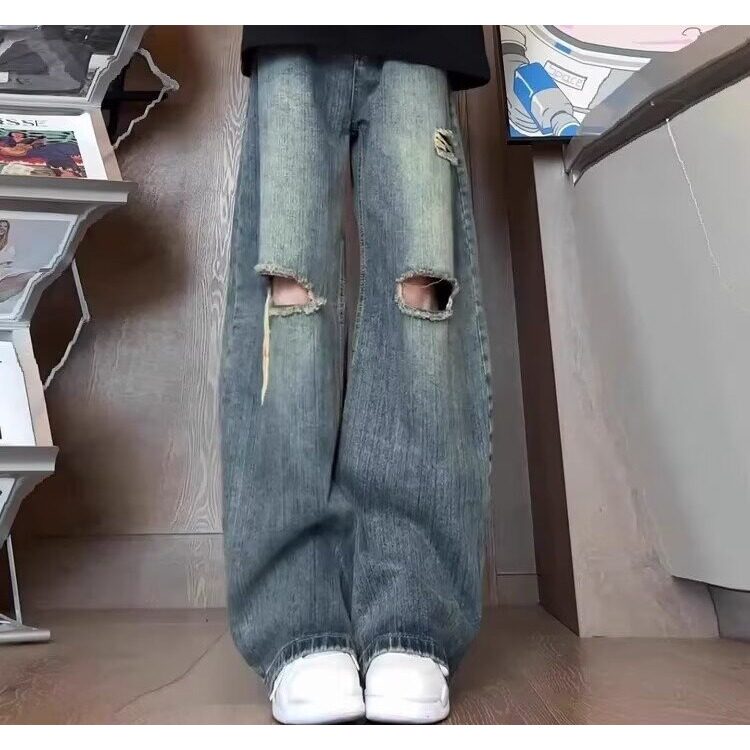 蓝色竹节纹破洞弯刀牛仔裤男夏季美式vibe裤子加长款高个子微喇裤,男装牛仔裤,星座506A