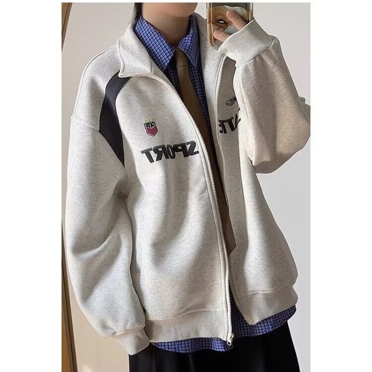 现货 美式宽松落肩拼接立领卫衣男W104/P55图片