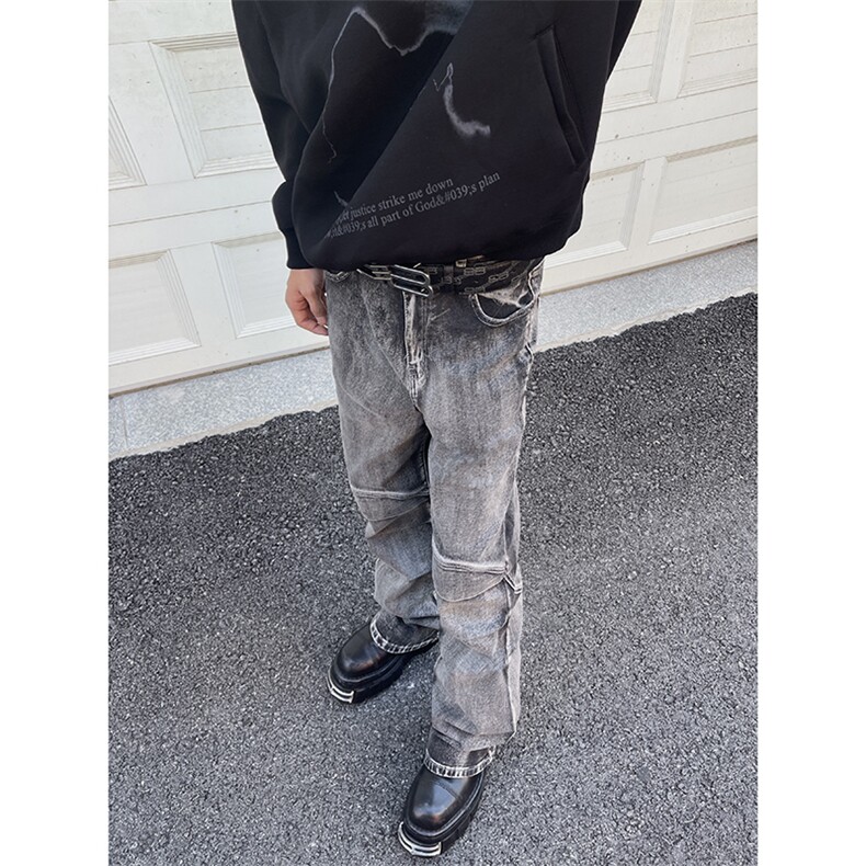 B221美式ins高街暗黑个性拼接微喇牛仔裤LK24155-P65控88,男装牛仔裤,电商B221
