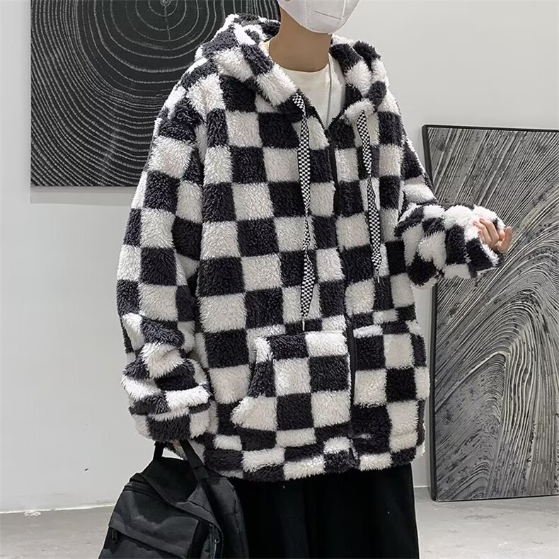 棋盘格棉服男ins潮宽松休闲冬季百搭羊羔绒连帽棉衣外套MY564-P60,男装棉衣,星座1008-2