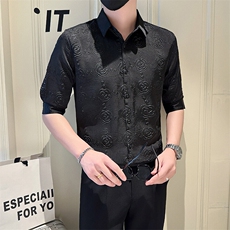 店主风社会小伙男士褶皱花泡七分袖衬衫男衬衣301A-1/CS569/P55，男装衬衫，星座301A-1