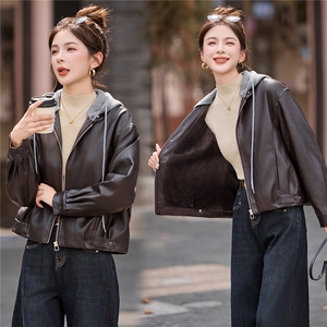 可拆卸针织连帽加绒加厚皮衣女2025冬季新款宽松休闲百搭pu皮棉衣图片