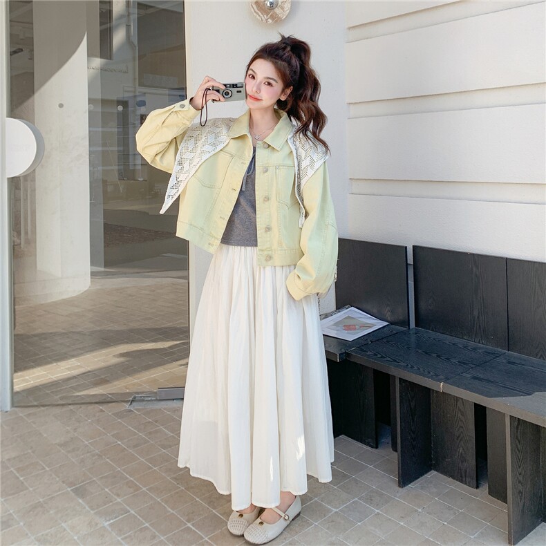 新品~奶黄色短外套配蕾丝披肩28631-P149-K248,女装短外套,2B076