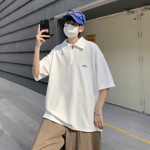夏季半拉链 Polo衫男短袖翻领ins港风复古宽松休闲T恤T971-P30图片