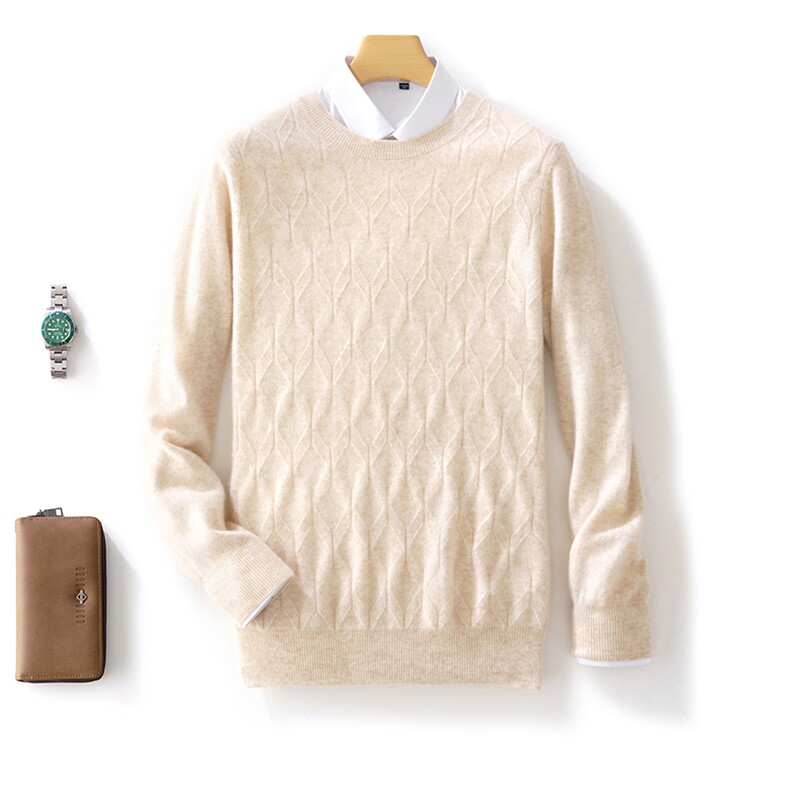 新款男羊毛衫秋冬保暖圆领毛衣时尚立体扭花设计品质羊毛针织衫，男装羊毛衫，邓利维