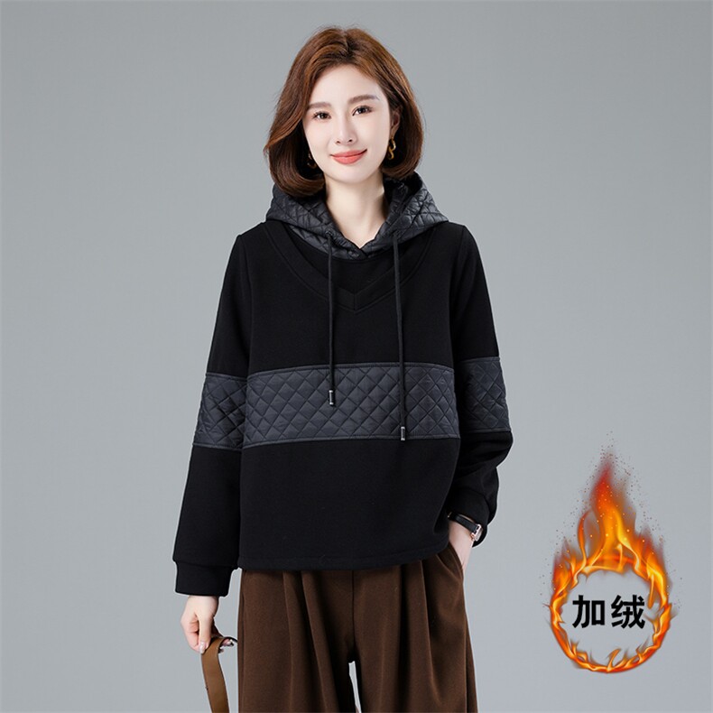 现货2023秋冬韩版宽松连帽拼接加绒卫衣，女装卫衣/绒衫，深水步