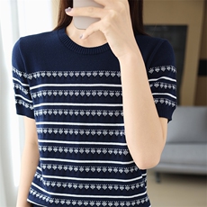 时尚百搭钻石提花舒适透气全棉圆领针织短袖，女装T恤，玛莎羊绒