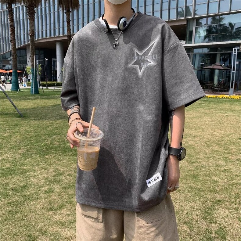 2023春夏季新款男休闲圆领短袖T恤包边麂皮绒T3031P32图片