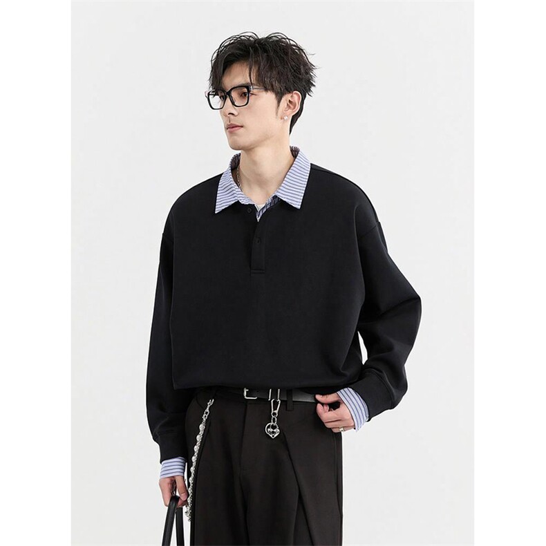 抖音得物高品质26春装美式高街假两件衬衫领长袖卫衣POLO领打底衫,男装T恤,电商A486-1