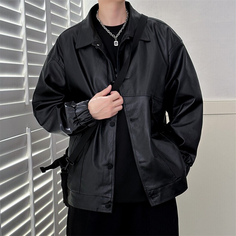 现货-秋季皮衣外套男宽松休闲PU机车皮夹克潮流A584-P90加绒100,男装夹克,电商A351