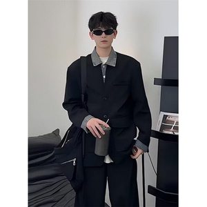 假两件牛仔西装外套男春潮牌拼接西服立领夹克高街休闲 JK288图片