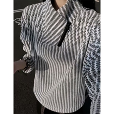 高品质春装新款老钱风美式高街鱼骨纹斜拉链解构高领卫衣长袖t恤，男装T恤，电商A486-1