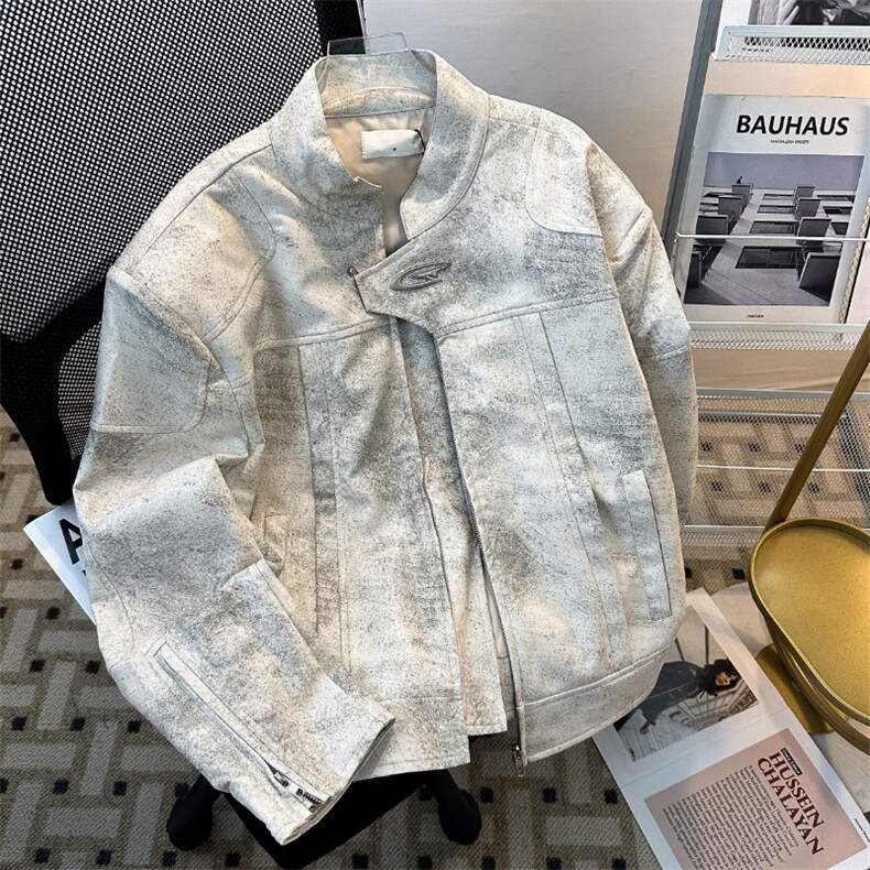 JK8552-P79 春季小众高级感立领机车皮衣男宽松短款垫肩美式图片