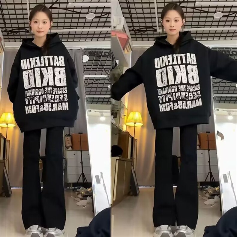 潮牌美式复古斑驳字母印花连帽卫衣女秋冬2025新款百搭外套图片