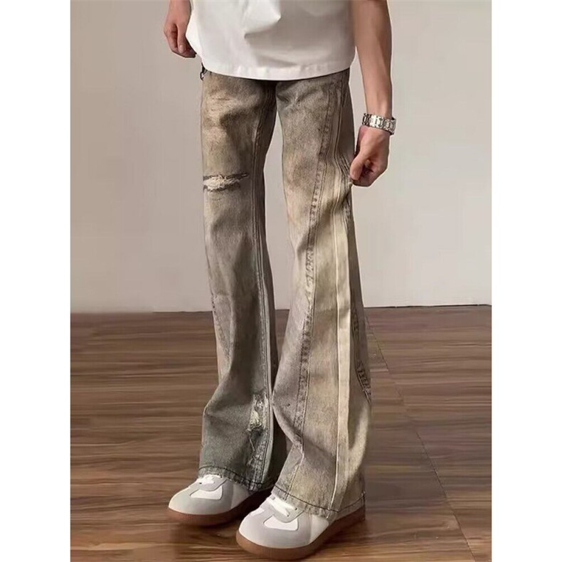 气质时尚新款无品牌原宿ins废土风微喇牛仔裤男款夏季微喇裤潮流，男装牛仔裤，星座506A
