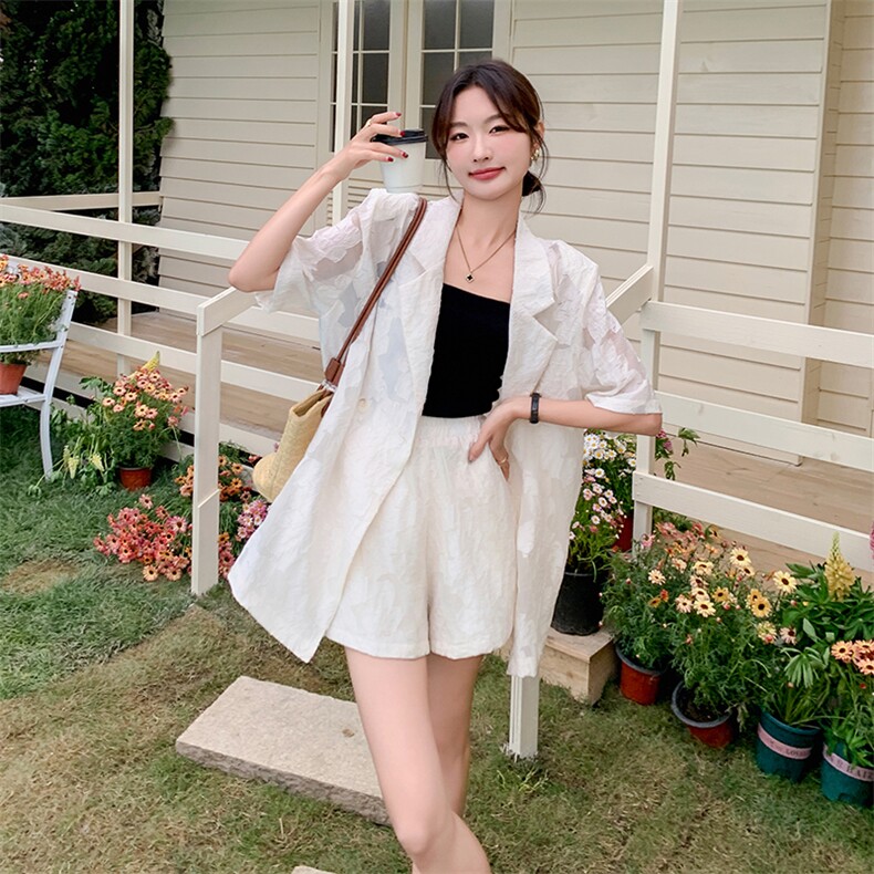 短袖提花西装套装女薄款2024夏季新款高级感气质小个子西服两件套,女装套装/套裙,2C255