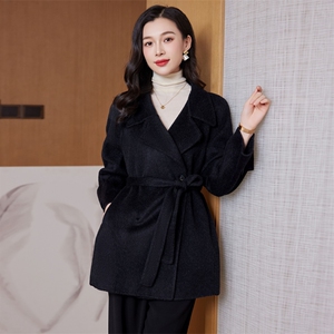 时尚显瘦系带双面羊毛呢大衣女外套气质百搭修身长款风衣图片