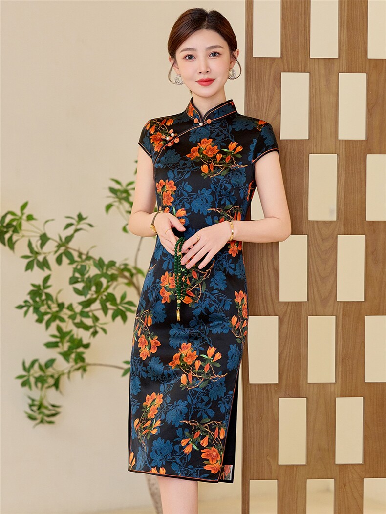 杭州品质真丝中长裙复古印花连衣裙女春夏日常修身潮流真丝旗袍,女装汉服/婚纱/旗袍/礼服,小荷流