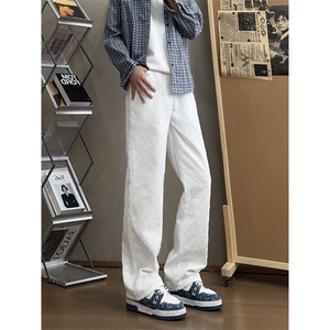 B221美式ins宽松直筒格子休闲白色牛仔裤 LK25579-特P45 控78图片
