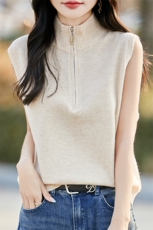 2025春秋新款羊毛马甲女高领半拉链加厚宽松毛衣坎肩上衣，女装马甲，哲奥羊绒