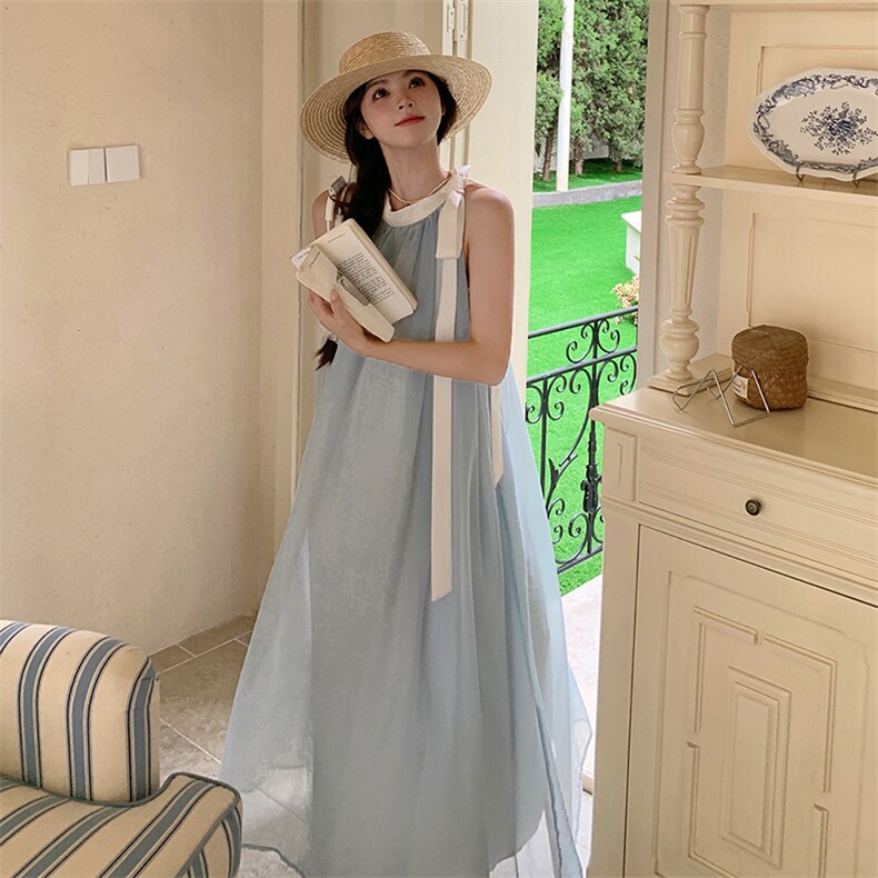 法式无袖挂脖连衣裙女2025夏季新款气质高级感绝美超仙度假风长裙,女装连衣裙,浙宝305