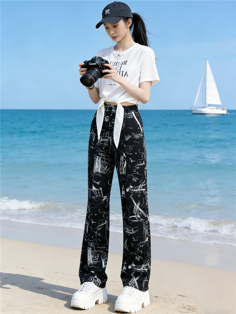 重工印花时尚休闲套装女夏季新款白色短袖上衣黑色阔腿长裤两件套,女装套装/套裙,江南