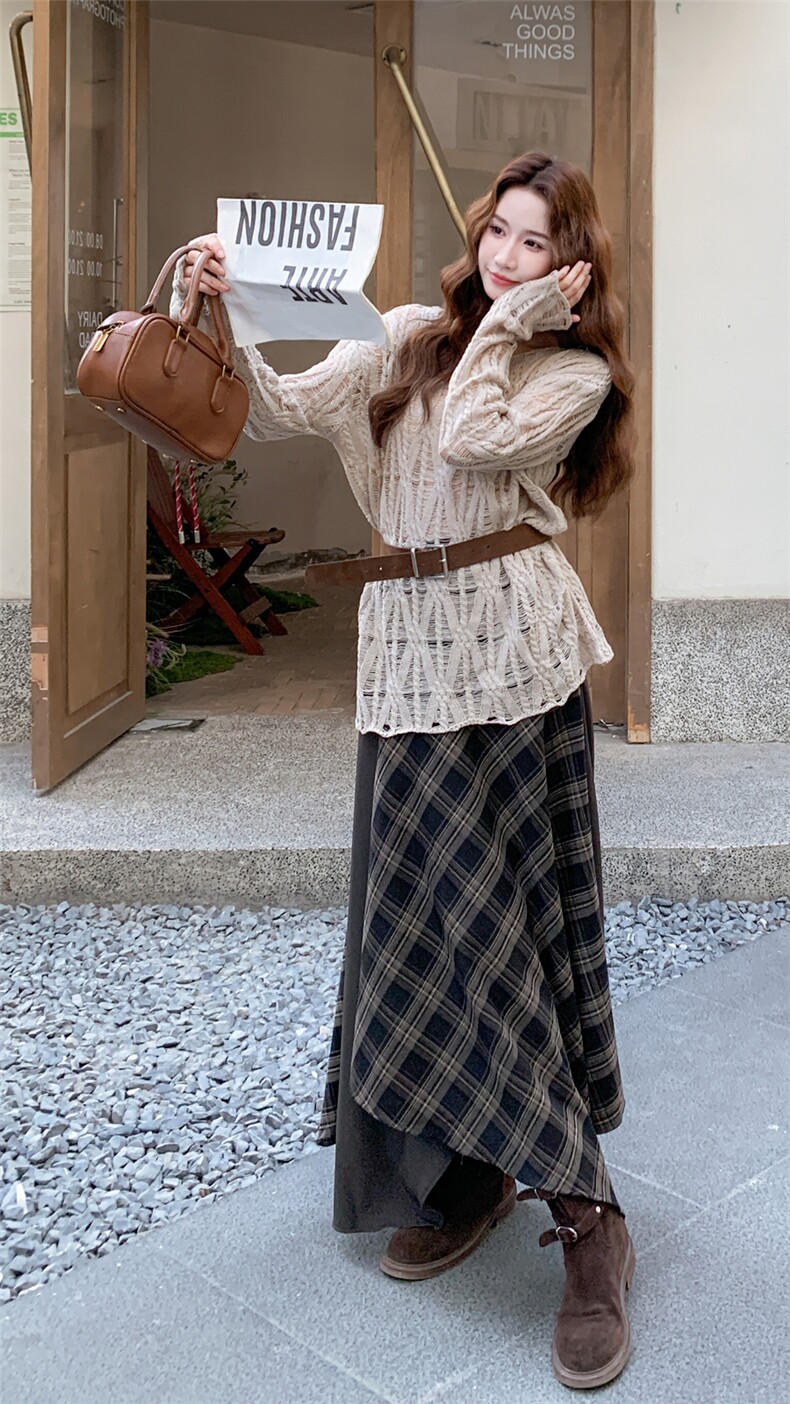 法式优雅针织衫格子不规则半身裙套装女春秋小个子ootd穿搭两件套,女装套装/套裙,1C071-1