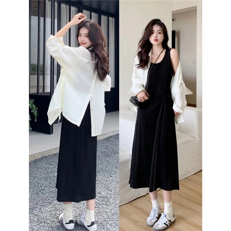 慵懒新款夏装设计感抽绳衬衫防晒外套加背心裙两件套中长款连衣裙，女装衬衫，星座1210-1