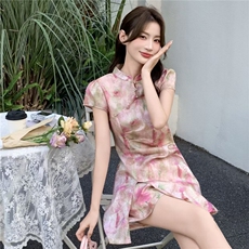 新中式立领印花连衣裙女2026夏季新款盘扣气质显瘦改良旗袍裙，女装套装/套裙，丽影随形