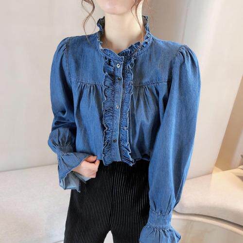 喇叭袖花边水洗牛仔大版衬衣，其它，新袖