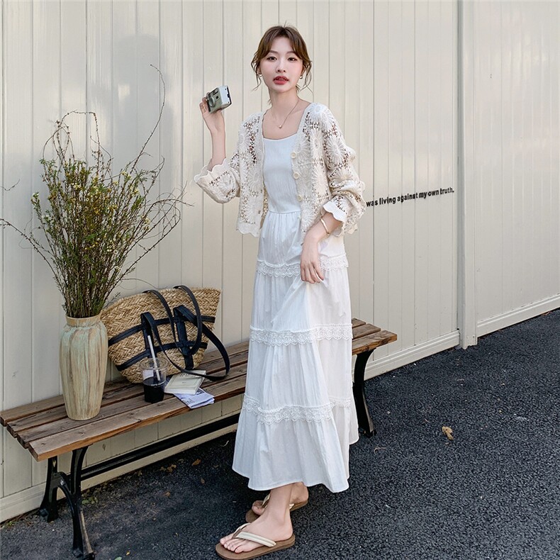 白色蕾丝拼接连衣裙套装女2025夏季新款气质钩花罩衫吊带裙两件套,女装套装/套裙,2C176