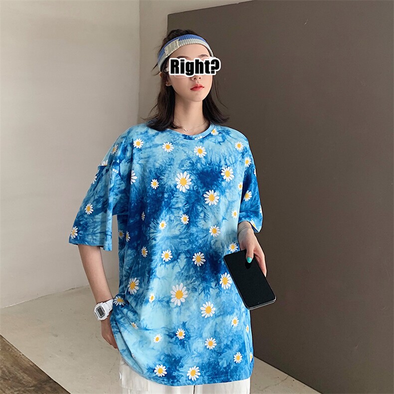 2021夏装新款 小雏菊扎染印花短袖T恤女宽松百搭上衣D78中性图片