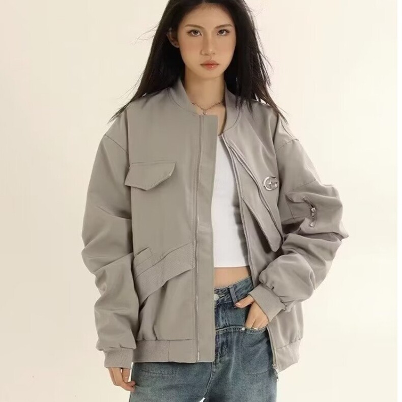 港风复古铁标设计感外套女秋季新款飞行服夹克棒球服工装情侣上衣,女装风衣,星座218-8