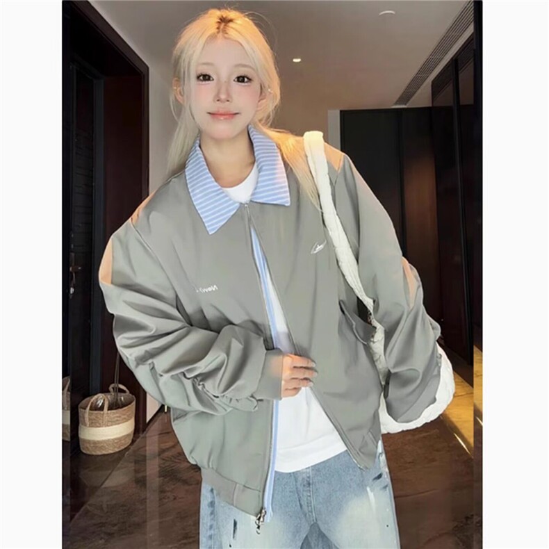 美式复古学院风刺绣假两件翻领棒球服春秋男女设计感情侣夹克外套图片
