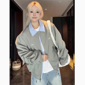 美式复古学院风刺绣假两件翻领棒球服春秋男女设计感情侣夹克外套图片