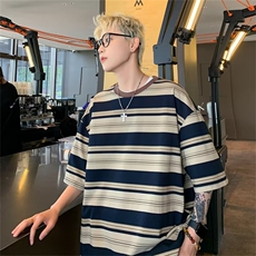 C448P38夏装男生休闲条纹港风时尚T恤上衣宽松日系，男装T恤，星座512-6