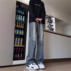 B622-P40复古蓝牛仔裤男美式复古做旧微喇长裤窄版直筒，男装牛仔裤，电商B323A
