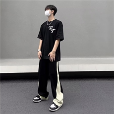 夏季松紧腰直筒宽松休闲裤男韩版潮牌潮流黑白拼接运动裤B491P35，男装休闲裤，星座1116-2