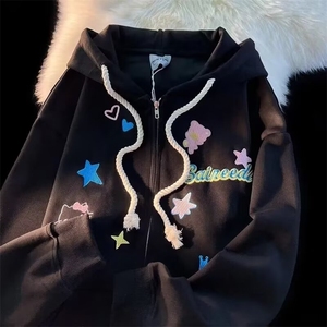 美式星星刺绣开衫外套男女2026春秋设计感宽松慵懒连帽长袖卫图片