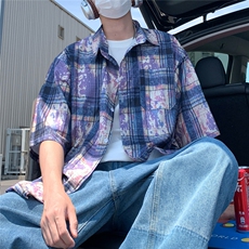 2025美式扎染印花冰丝凉感短袖五分袖格子衬衫CS1866/特P25紫5，男装T恤，电商A094
