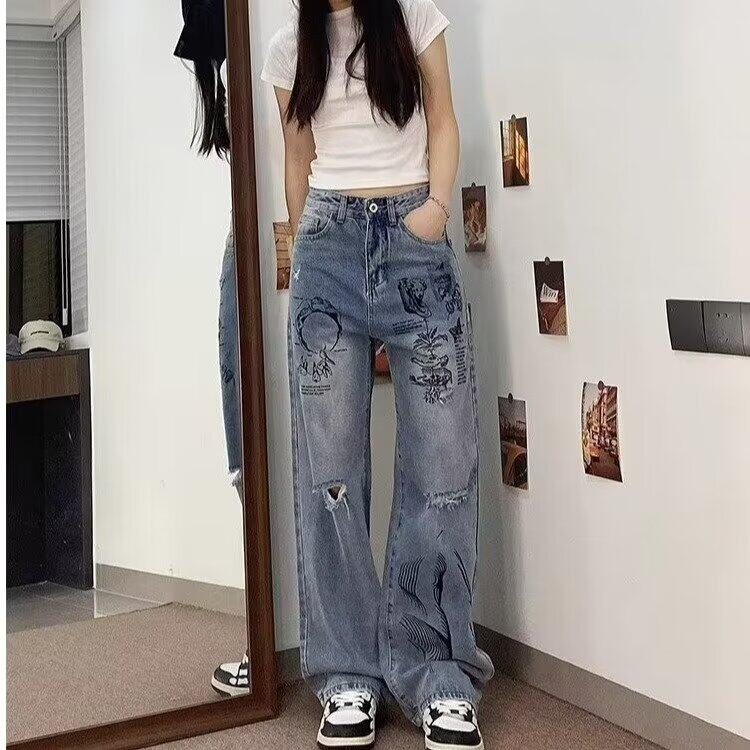 DAA206-特P45美式涂鸦阔腿裤牛仔裤男女款潮牌长裤-网图现货,男装牛仔裤,星座603-2