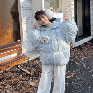 学院风蓝白色格纹外套棉服女冬季新款学生百搭宽松保暖面包服图片