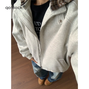 美式秋冬季2025假两件格子连帽棉服男女复古上衣外套W6872-P90图片