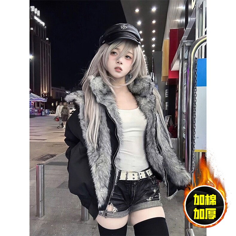 现货高品质美式高街重磅狼王座山雕毛毛领假两件棉衣加厚棉服外套，男装棉衣，电商A486-1