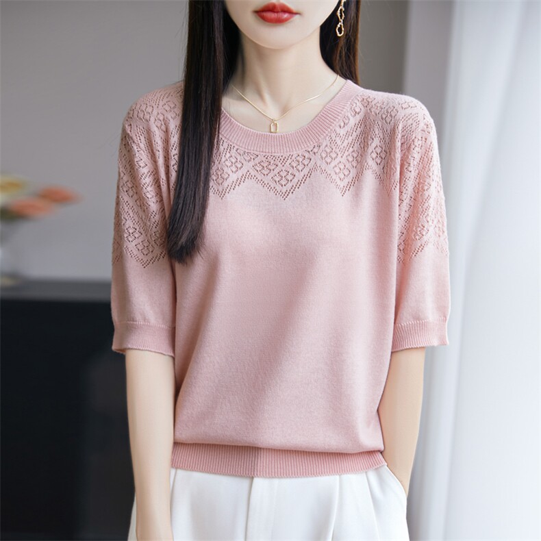 夏季镂空冰丝针织短袖t恤女款2025新款爆款短款上衣宽松显瘦小衫，女装针织衫/毛衣，源达羊绒